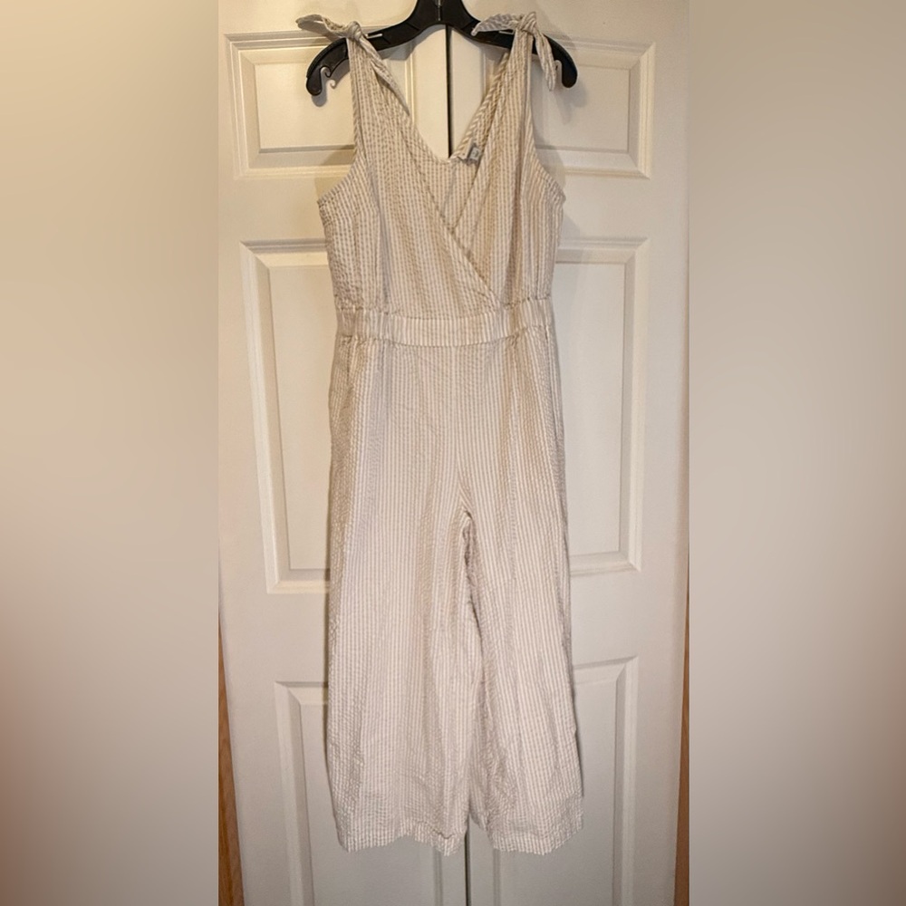 a new day Cream Striped Seersucker Jumpsuit with Tie Shoulder Detail